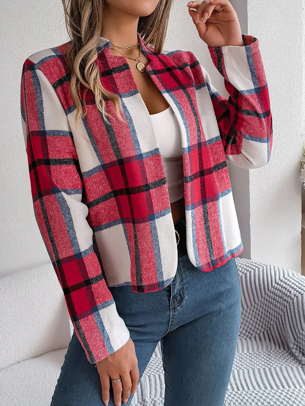 Navy blue plaid cropped jacket - View 14 | TEVQA