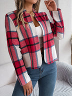Navy blue plaid cropped jacket - View 14 | TEVQA