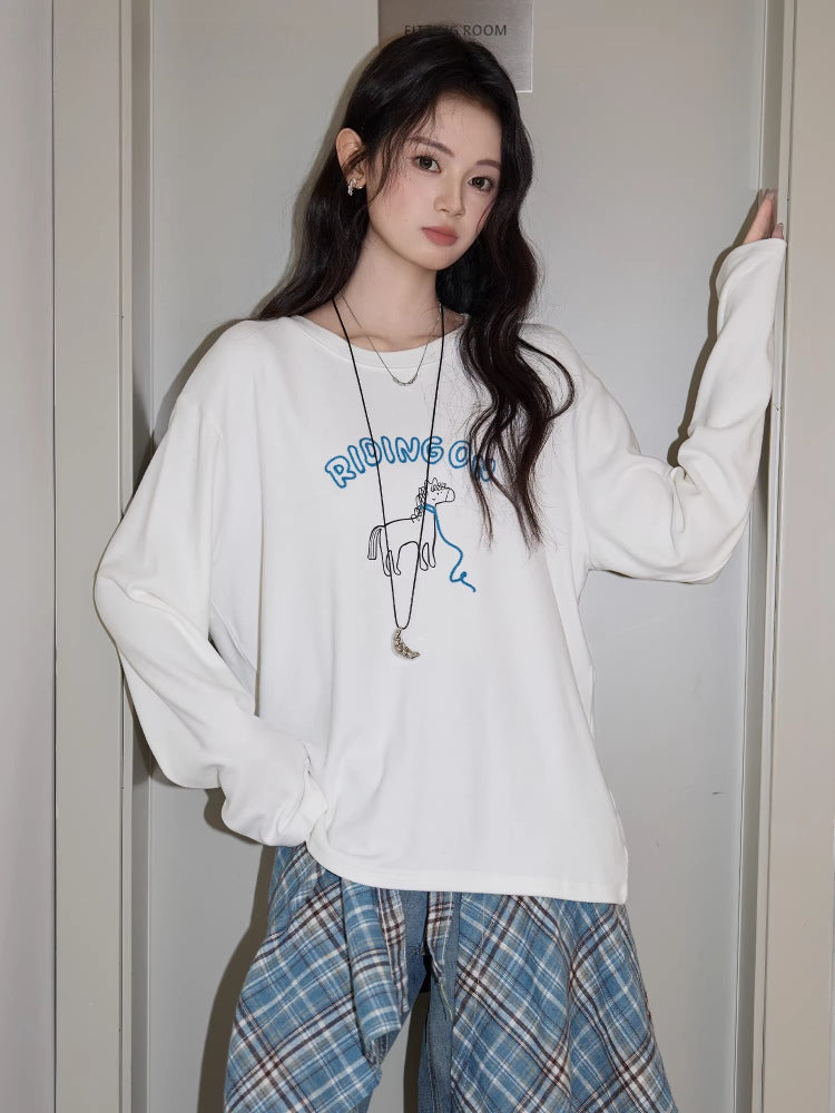 Whimsical Horse Graphic Long Sleeve Tee White