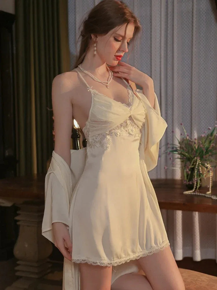 Vintage Cream | Twist-Front Lace & Mesh Satin Robe Set - TEVQA Main image