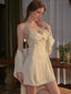 Vintage Cream | Twist-Front Lace & Mesh Satin Robe Set - TEVQA