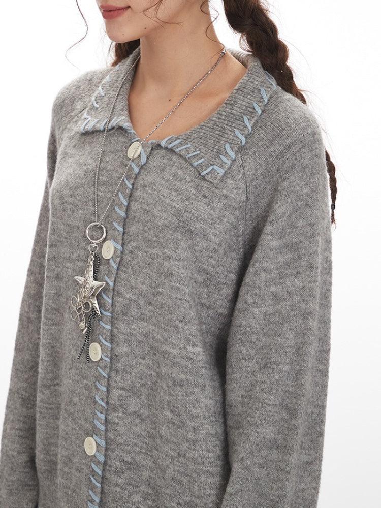 Retro Contrast Stitch Grey Cardigan - View 6 | TEVQA