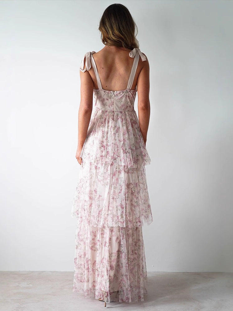 Tiered Floral Bow Shoulder Maxi Dress - Pink