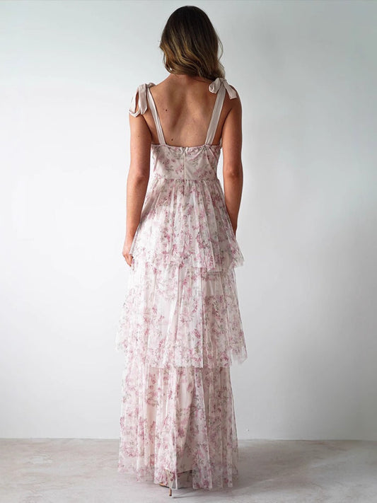 Tiered Floral Bow Shoulder Maxi Dress - Pink