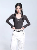 Ribbed knit crop top with lace trim neckline - View 9 | TEVQA