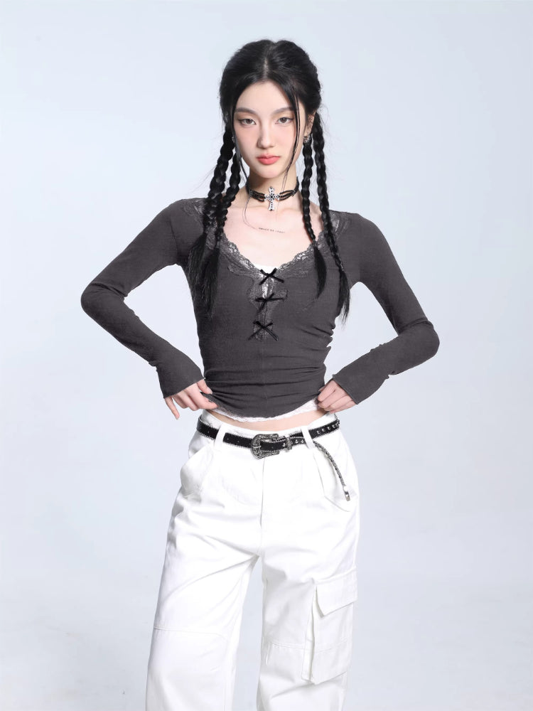 Ribbed knit crop top with lace trim neckline - View 9 | TEVQA