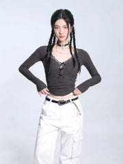 Ribbed knit crop top with lace trim neckline - View 9 | TEVQA