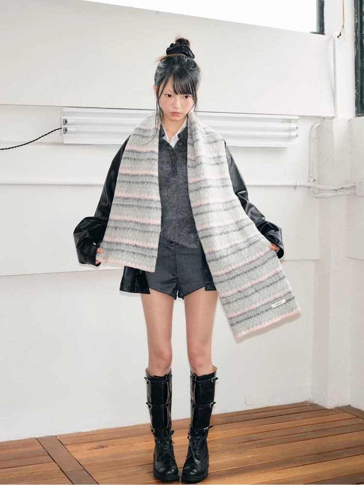 Soft Fair Isle Style Geometric Knit Scarf Grey Pink