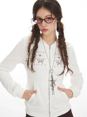Coquette Aesthetic Rhinestone Bow Zip-Up Hoodie - TEVQA