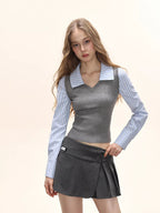 Preppy Fake Two-Piece Knit Contrast Striped Shirt