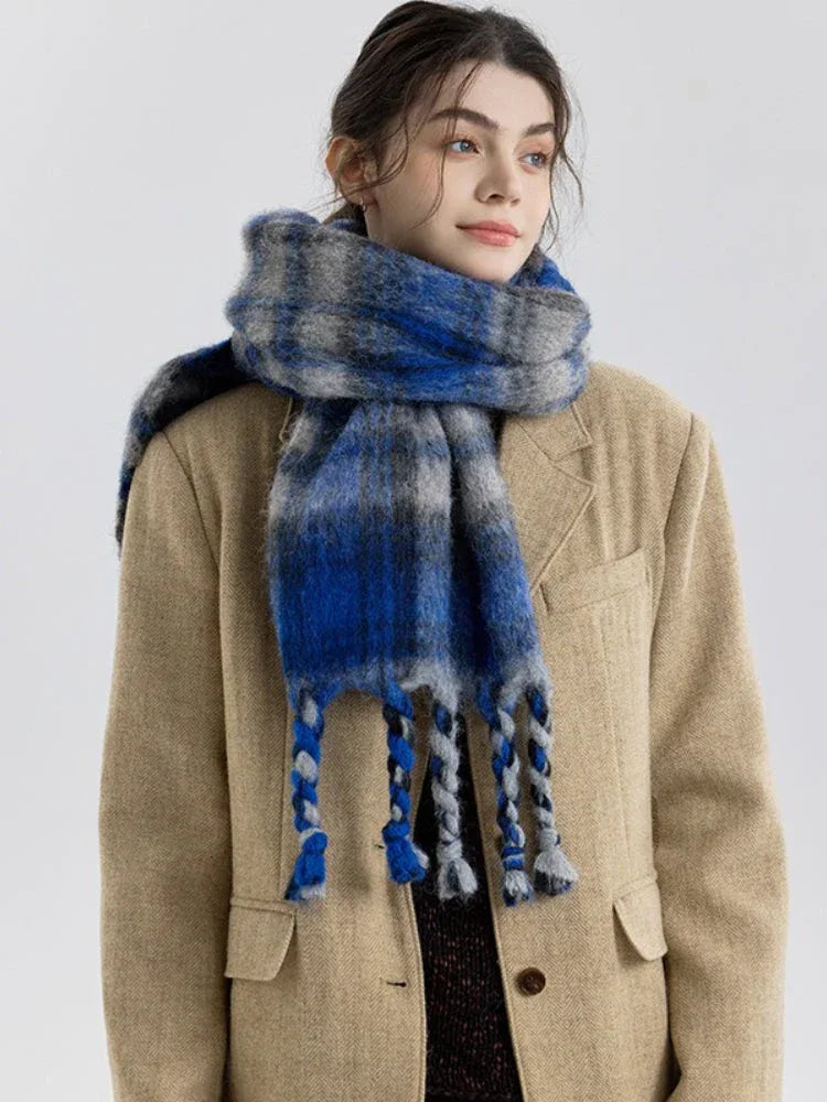Vintage Plaid Wool Blend Scarf - TEVQA