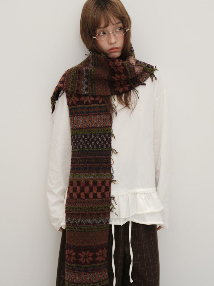 Vintage Fair Isle Jacquard Knit Scarf Wool Blend Raw Edge - Brown Pattern