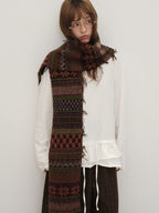 Vintage Fair Isle Jacquard Knit Scarf Wool Blend Raw Edge - Brown Pattern