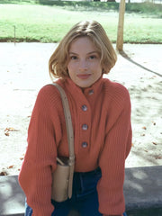 Vibrant Button-Front Mock Neck Ribbed Sweater - TEVQA