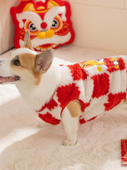 Side view of a corgi dog wearing a red and white checkered plush sweater, with a decorative pillow and lion head cushion in the background.