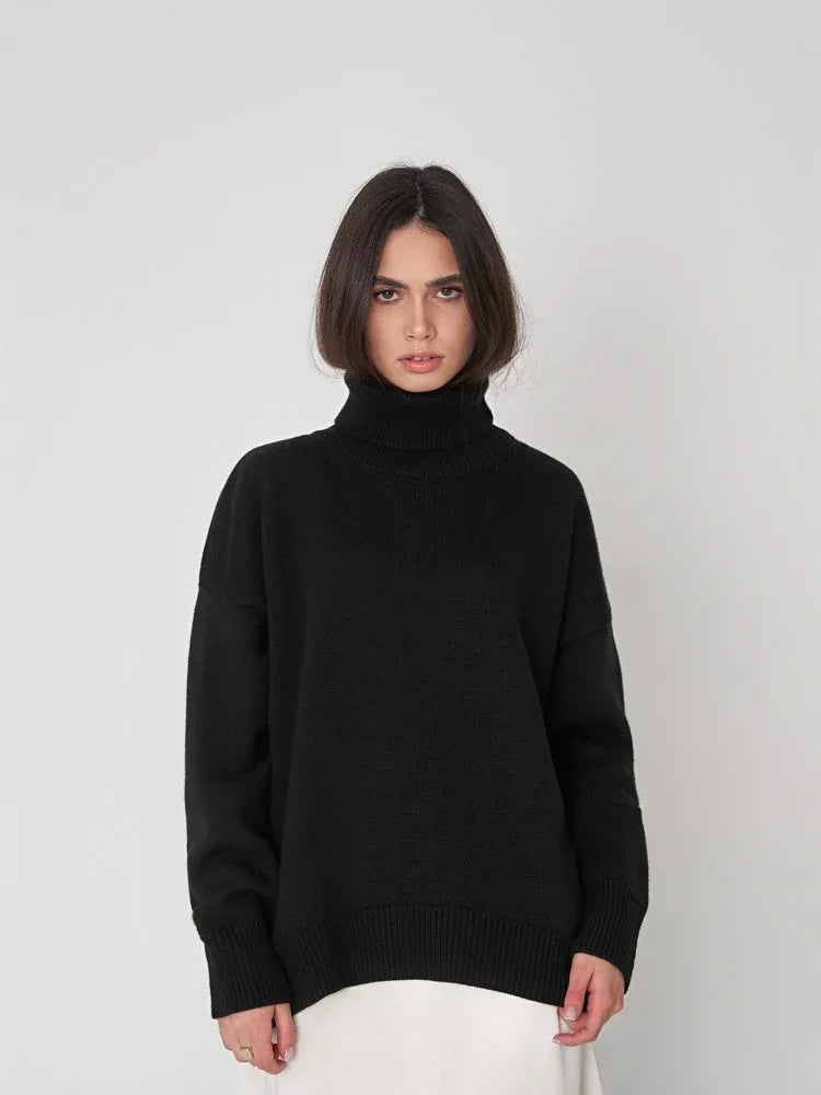 Classic Oversized High Neck Knit Sweater - TEVQA