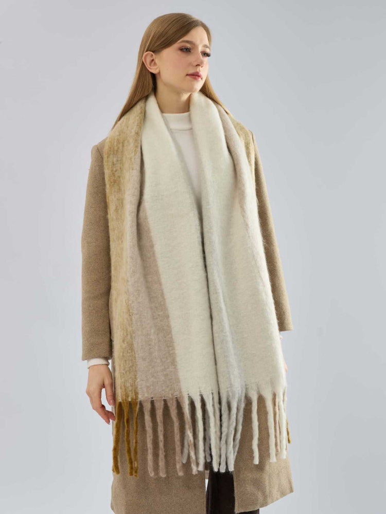 Women's Oversized Color Block Scarf Soft Bouclé Knit with Fringe Tassels - Beige & Camel
