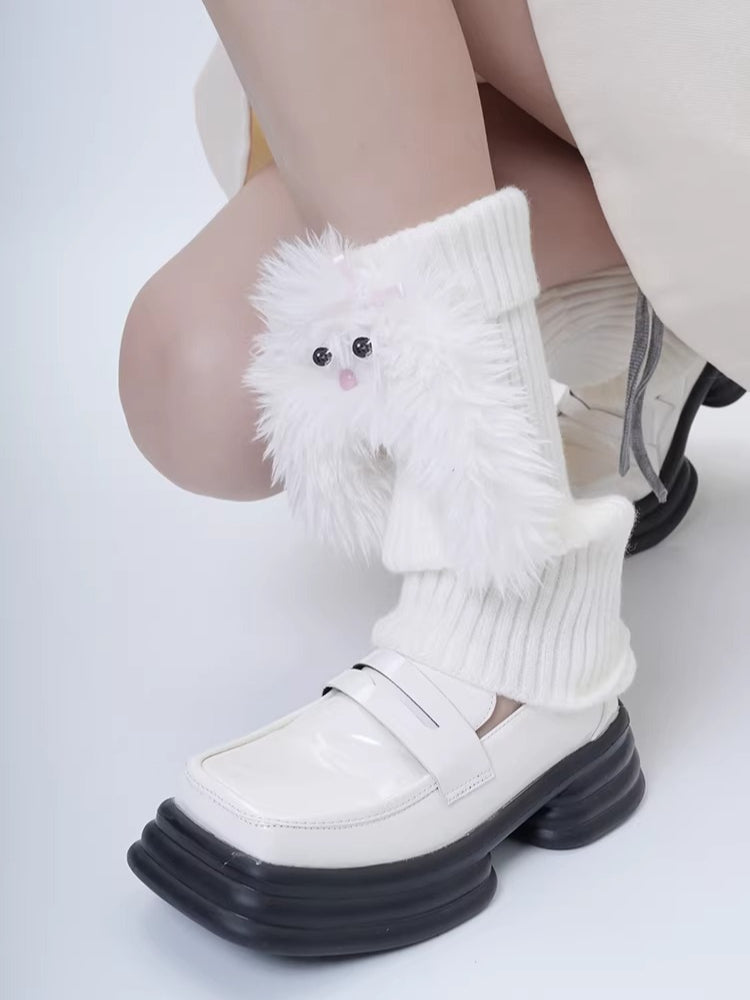 White Ribbed Knit Leg Warmers with 3D Plush Bunny