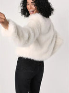 Cream Faux Fur Cropped Jacket - View 8 | TEVQA