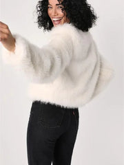Cream Faux Fur Cropped Jacket - View 8 | TEVQA