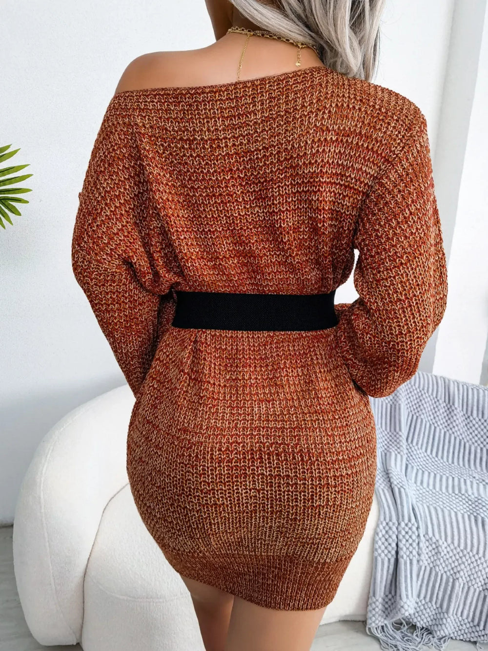 Green Marled Off-Shoulder Sweater Dress - View 11 | TEVQA