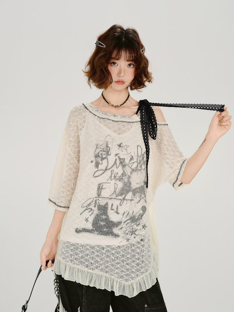 Vintage Lace Asymmetrical Graphic Print Top Cream