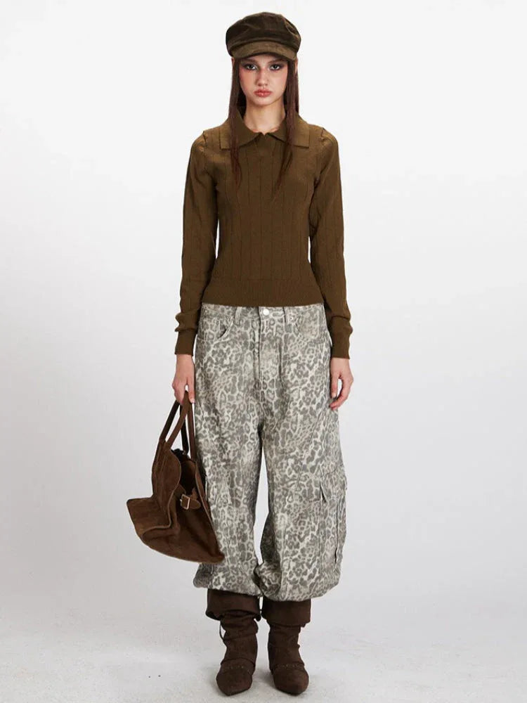 Vintage Brown Ribbed Knit Polo Sweater - TEVQA Main image