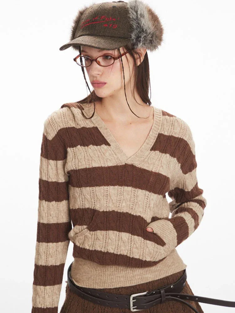 Y2K Brown Striped Hooded Cable Knit Sweater - TEVQA
