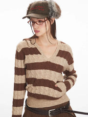 Y2K Brown Striped Hooded Cable Knit Sweater - TEVQA