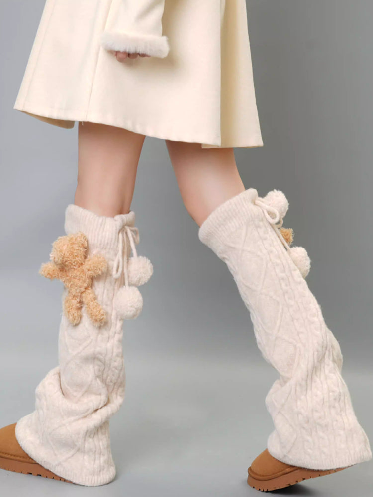Black Wool Blend Cable Knit Leg Warmers with 3D Teddy Bear