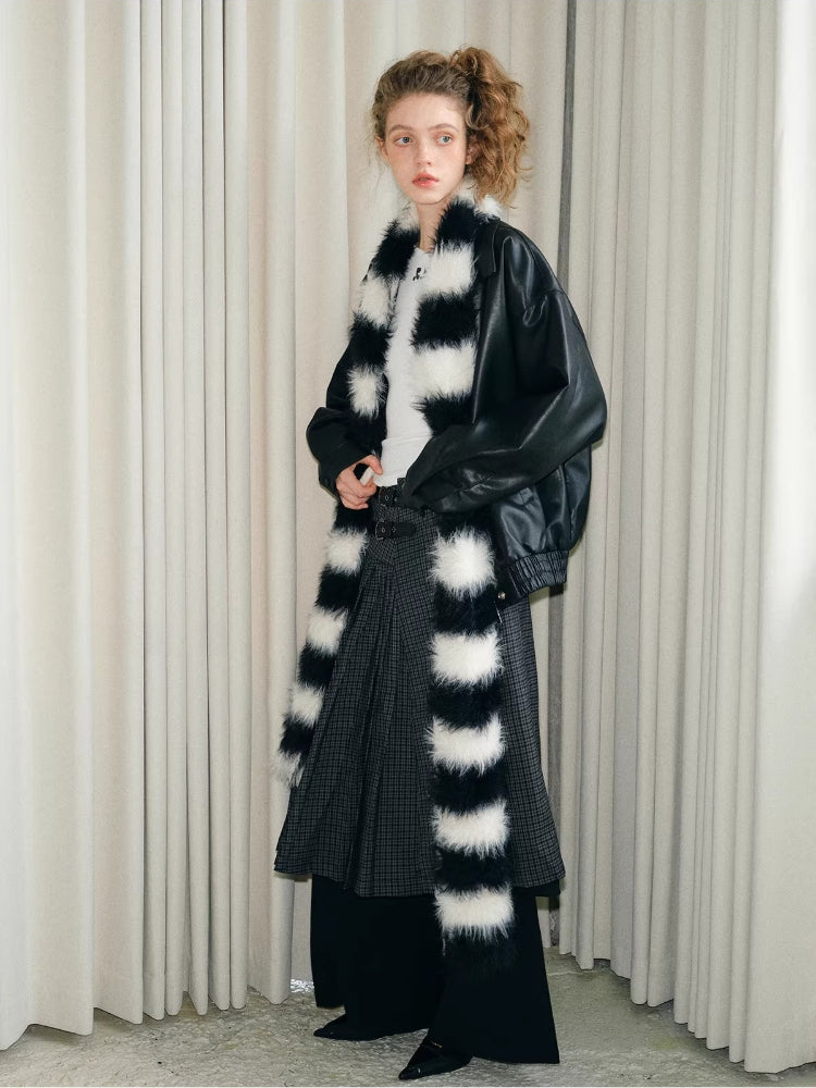 Black White Striped Faux Fur Knit Scarf