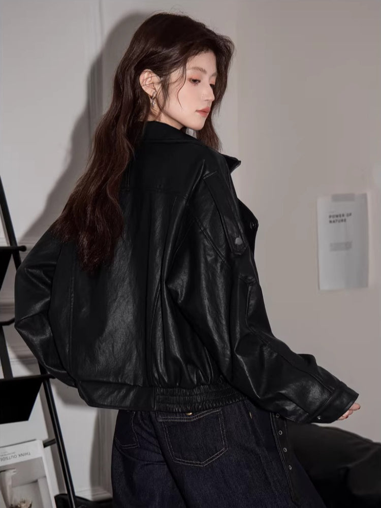 Oversized Faux Leather Moto Jacket - View 6 | TEVQA