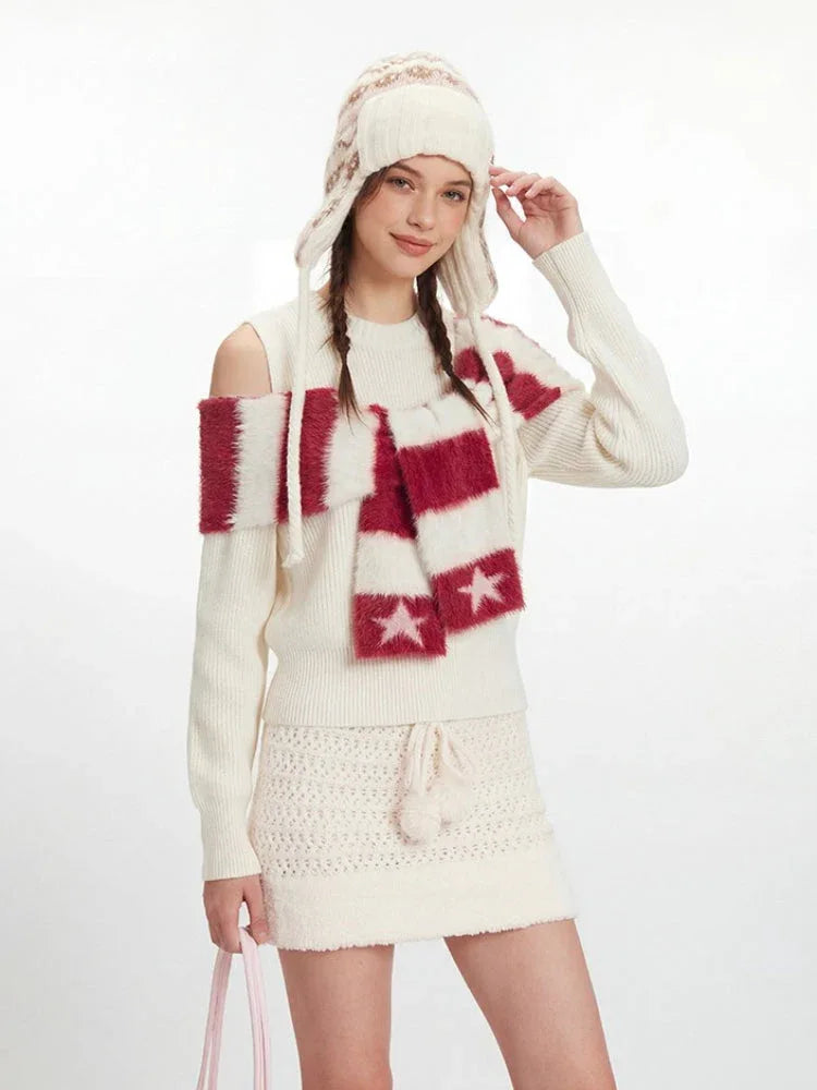 Y2K Winter Coquette Cold Shoulder Sweater - TEVQA