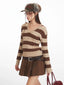 Y2K Brown Striped Hooded Cable Knit Sweater - TEVQA