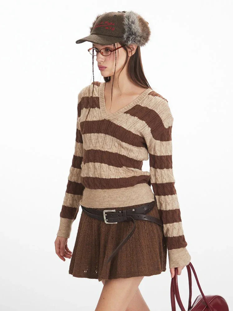 Y2K Brown Striped Hooded Cable Knit Sweater - TEVQA