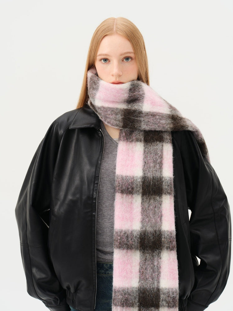 Wool Blend Pink & Brown Plaid Scarf
