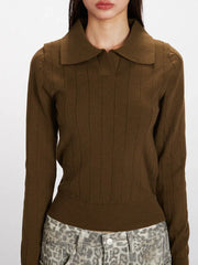 Vintage Brown Ribbed Knit Polo Sweater - TEVQA