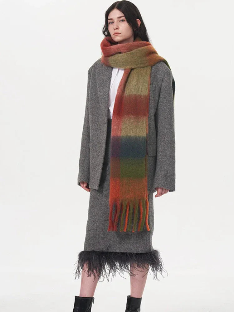 Oversized Blue & Beige Color Block Plaid Scarf - View 9 | TEVQA