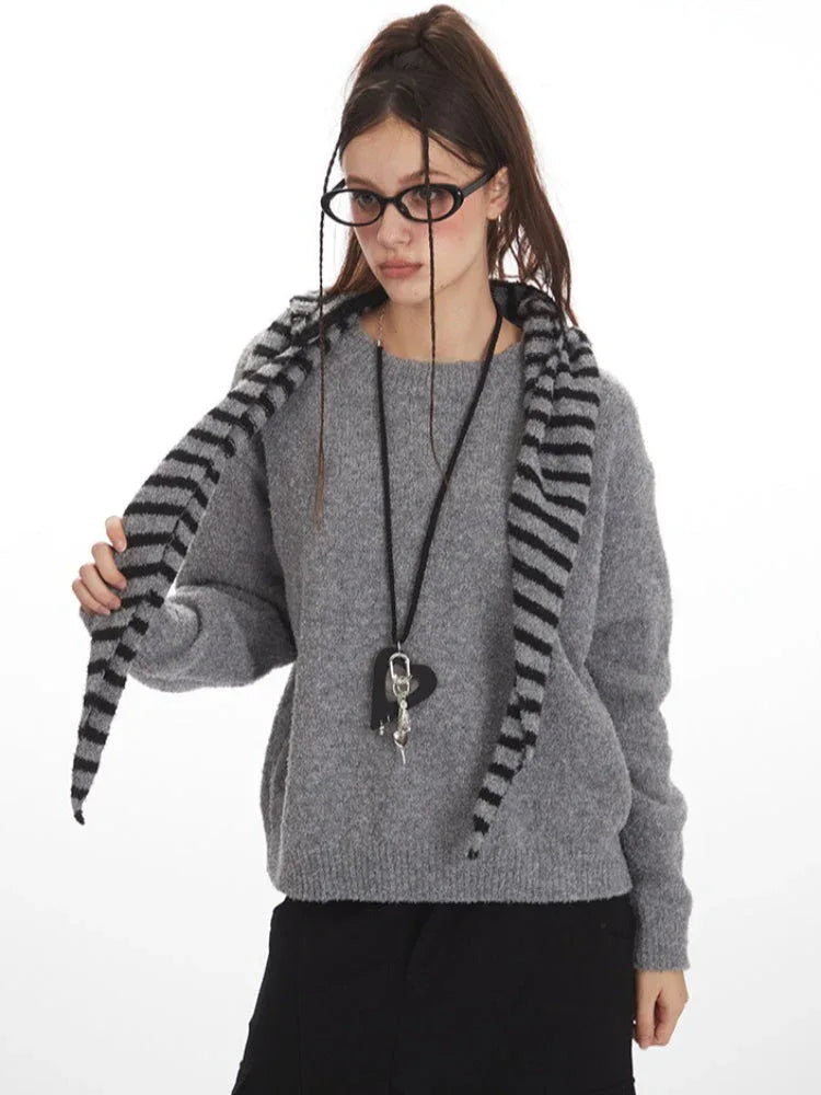 Fuzzy knit sweater set with striped hooded scarf - View 6 | TEVQA