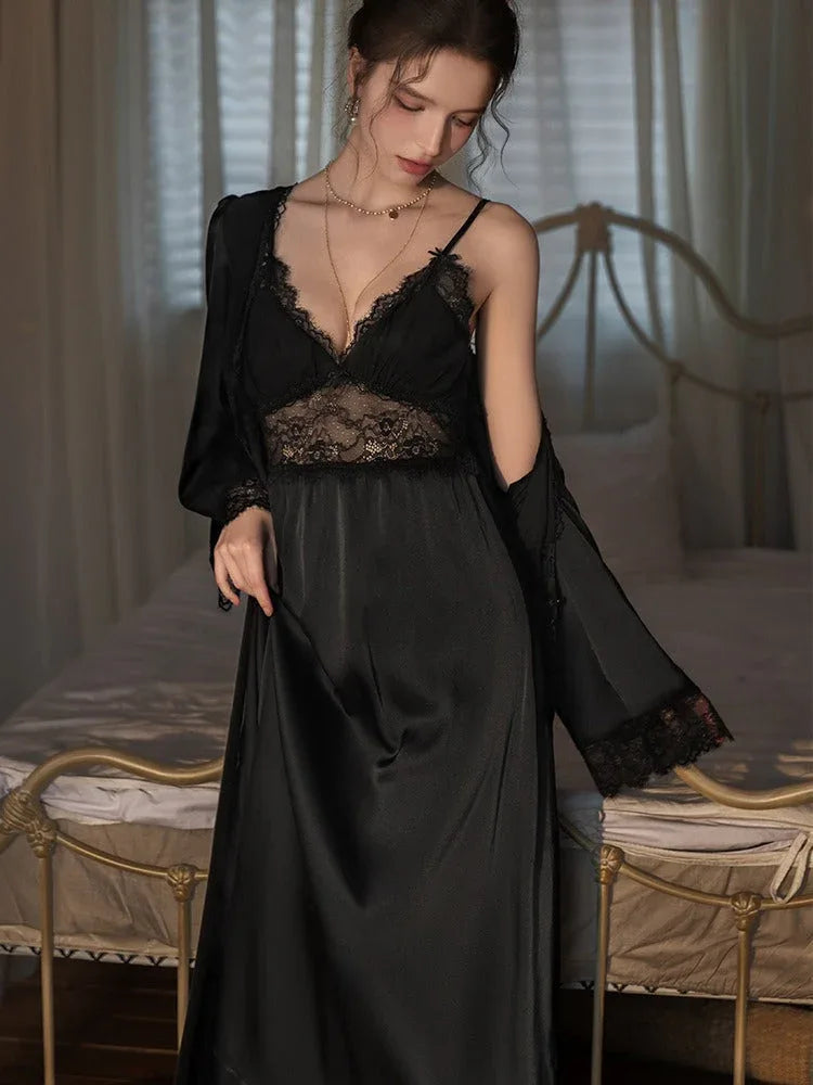 Lace Trim Satin Robe and Slip Set - View 20 | TEVQA