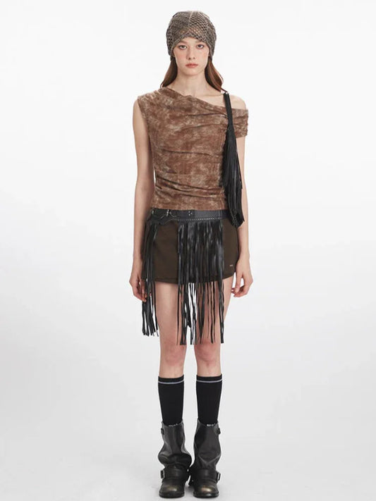 Y2K Acid Wash Draped Cowl Neck Top - TEVQA
