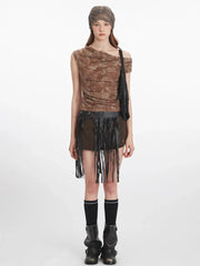 Y2K Acid Wash Draped Cowl Neck Top - TEVQA