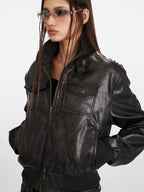 Vintage Wash Faux Leather Bomber Jacket - TEVQA