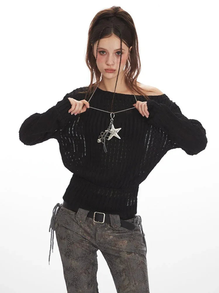 Vintage Black Textured Off-Shoulder Slouchy Top - TEVQA