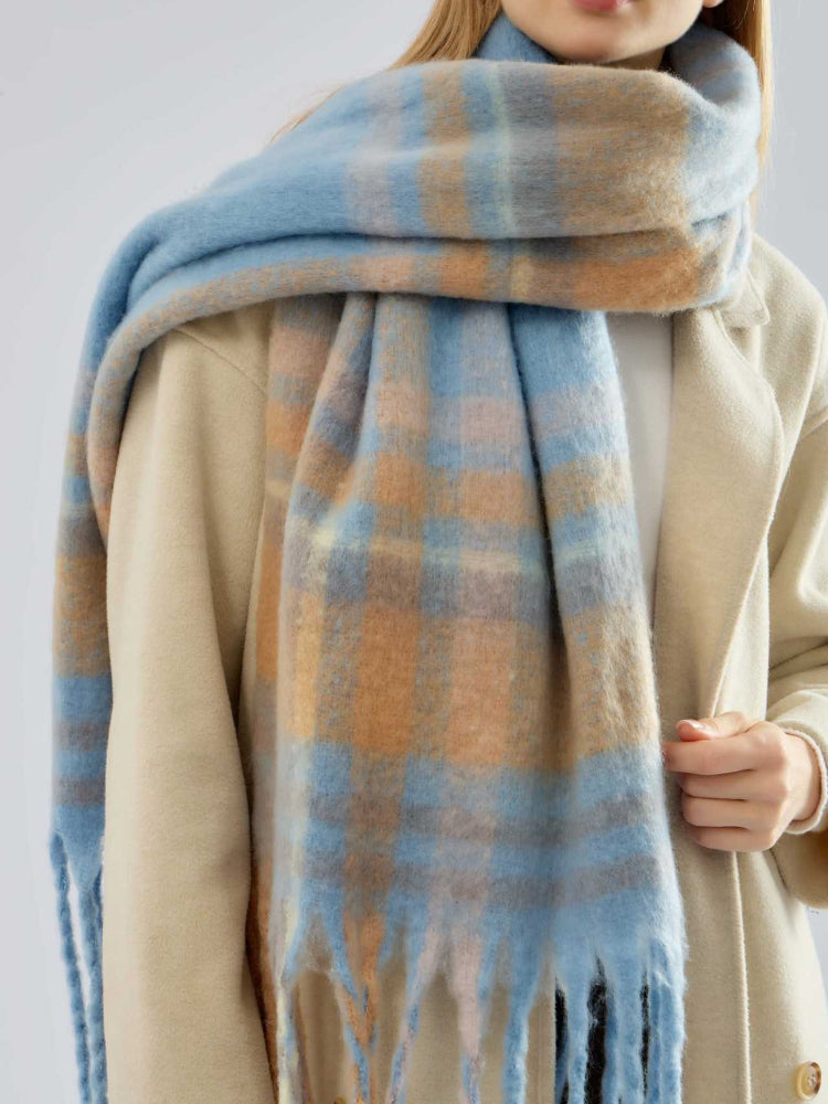Long Plaid Fringe Scarf in Blue Multi - View 6 | TEVQA