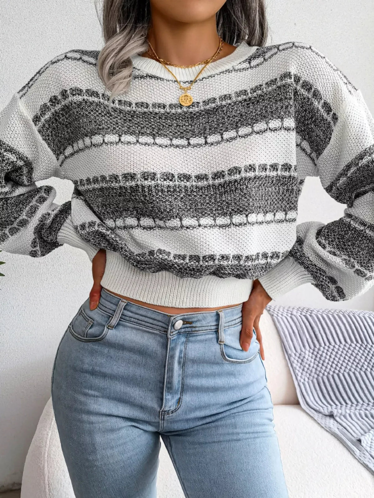 Striped Textured Knit Sweater - View 9 | TEVQA