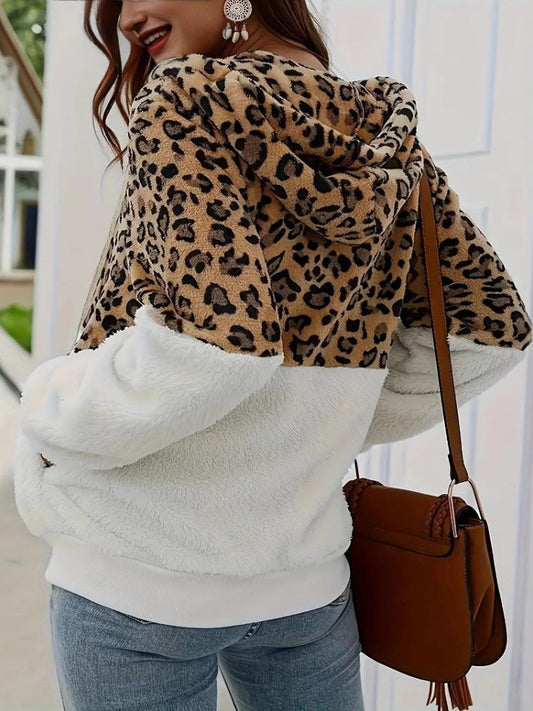 Leopard Print Colorblock Faux Fur Zip-Up Hoodie