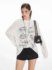 White Sheer Sketch Print Long Sleeve Tee - TEVQA