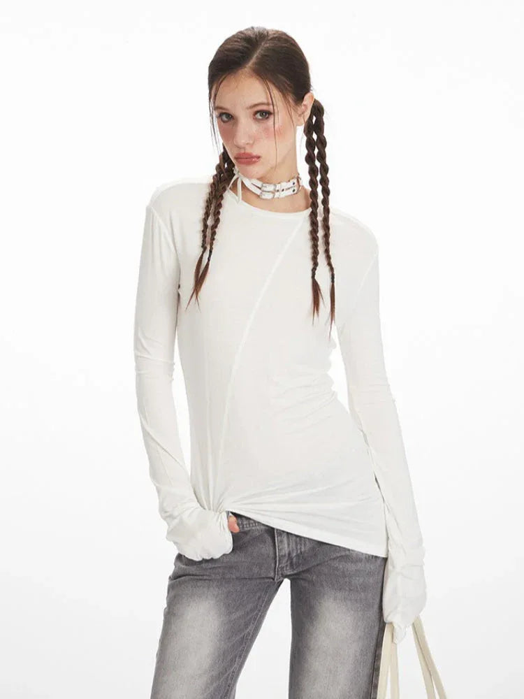 White Irregular Exposed Seam Long Sleeve Top - TEVQA