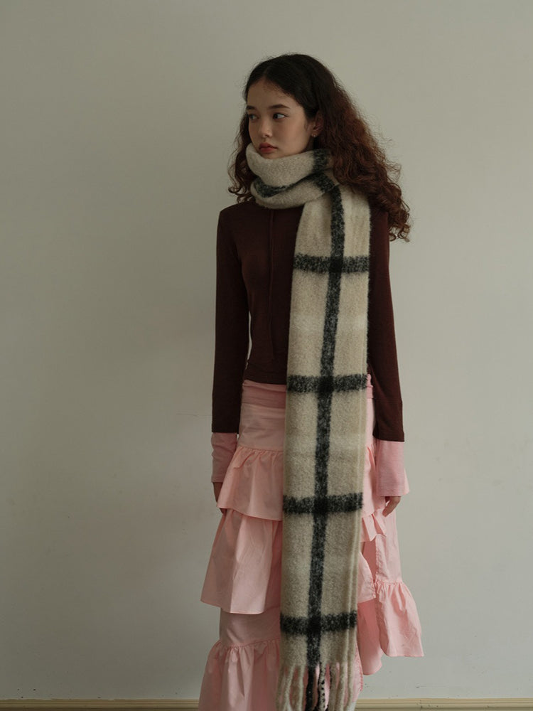 Retro Windowpane Check Wool Blend Scarf